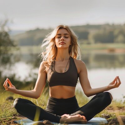 blonde woman lotus yoga meditating
