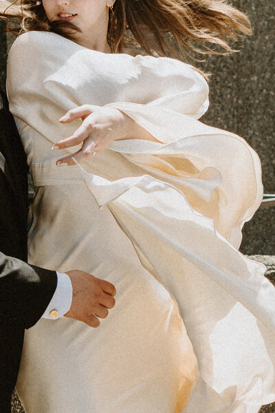 bride on windy city streets
