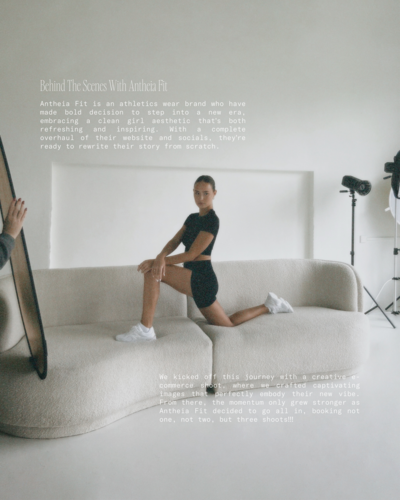Behind-the-scenes campaign graphic of Antheia Fit for Atelier Shai designed by Studio Petita. The image shows a model in black athletic wear posing on a cream boucle sofa in a minimalist studio setting, surrounded by lighting equipment. The overlay text highlights Antheia Fit’s rebrand journey, adopting a clean girl aesthetic with refreshed social media and website visuals.