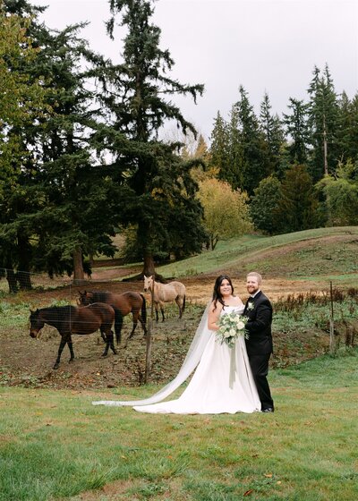 Whidbey Island Washington Vineyard Wedding with horses in bridal portraits