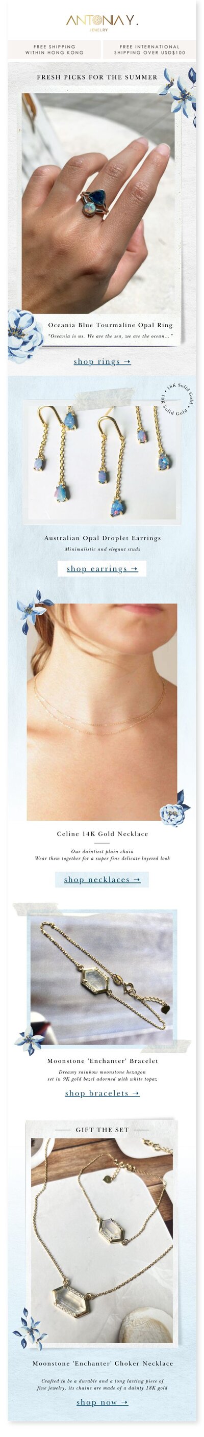 E-commerce email campaign design for Antonia Y.’s gemstone jewelry by Graphic Designer in Hong Kong, Kyra Janelle.