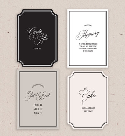 4 options for small signage for your wedding, cake sign, gifts sign, guest bok sign, memory sign