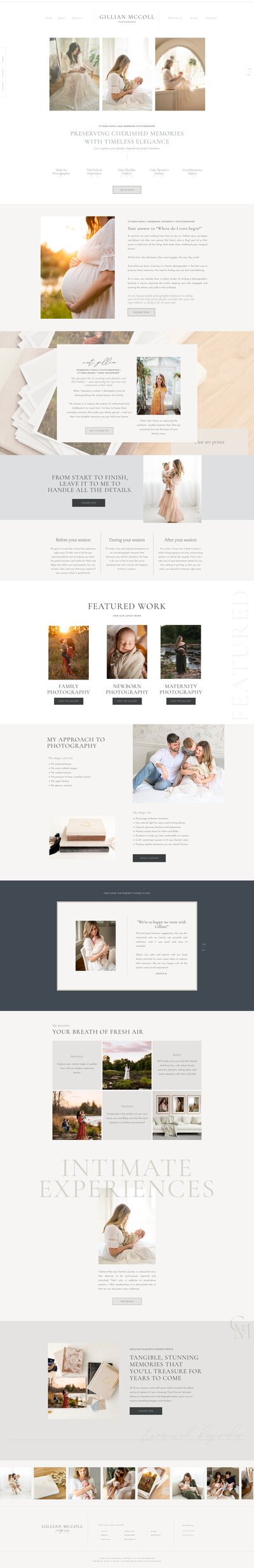 A webpage showcasing photography services, featuring sections on photo galleries, featured works, testimonials, packages, and a team introduction. Images of various couples, families, and products are included. Additionally, explore our website design services for small business.