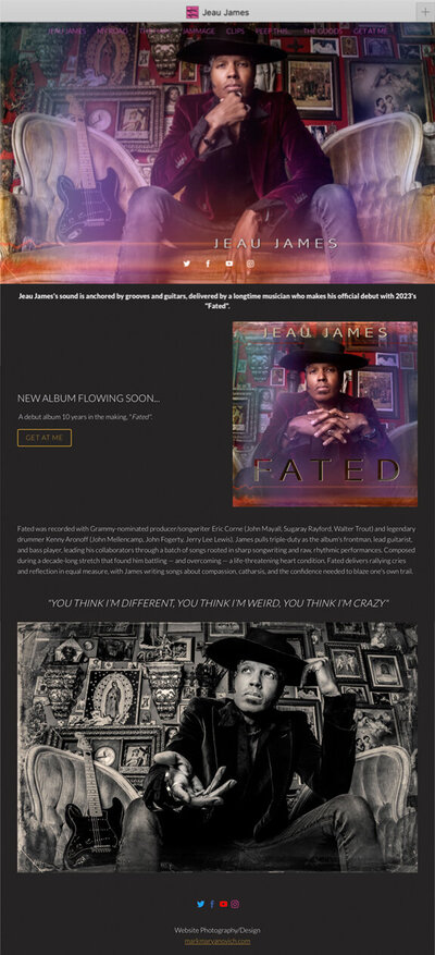 Musician branding website home page design Jeau James text and photos layout example