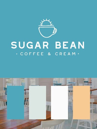 Sugar Bean Coffee & Cream logo with sun rising over coffee cup icon, paired with coastal-inspired brand color palette swatches in blue, mint, white, and peach.