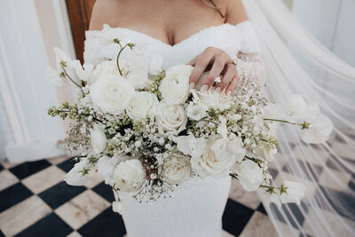 Close up of flower in bridal bouquet