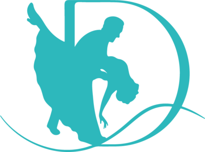 Dancers Studio Logo, teal with transparent background featuring dancing couple.