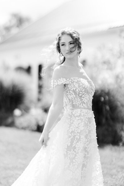 bride posing in the wind on Cleveland Ohio Wedding Day