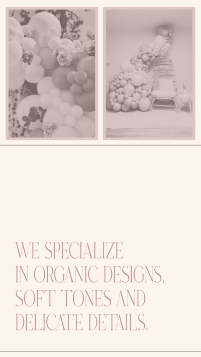 Two images of The Lovely Garland balloon decor with pink overlays on a cream background with brand mission statement