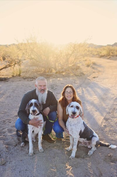 Couple posing for photo with sheepadoodle dogs at sunset. 