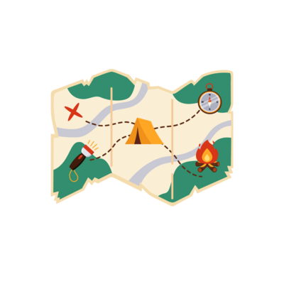 Trail map graphic with a tent and outdoor camping theme