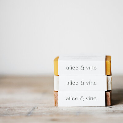 alice and vine logo design on soap labels