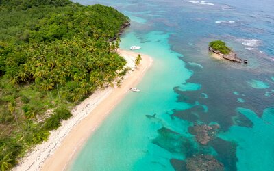 Aerial view of a sandy beach with crystal-clear water and lush greenery
