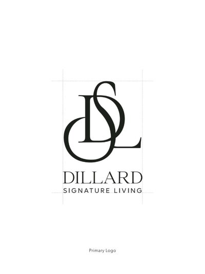 Primary logo presentation for Dillard Signature Living showcasing the monogram and wordmark in a clean black serif font on a white background.