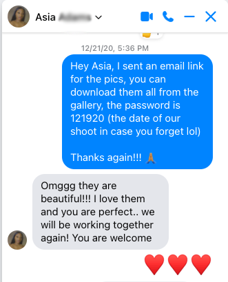 Screen shot of conversation with happy client Asia