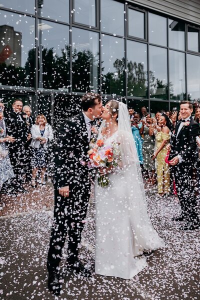 Confetti shot outside wedding venue in Manchester city centre