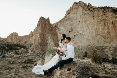 Bride and Groom during sunset for their elopement in Smith Rock State Park