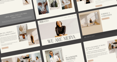 Digital agency website design featuring a portfolio page and traditional core pages of website in a neutral, calm, tone.