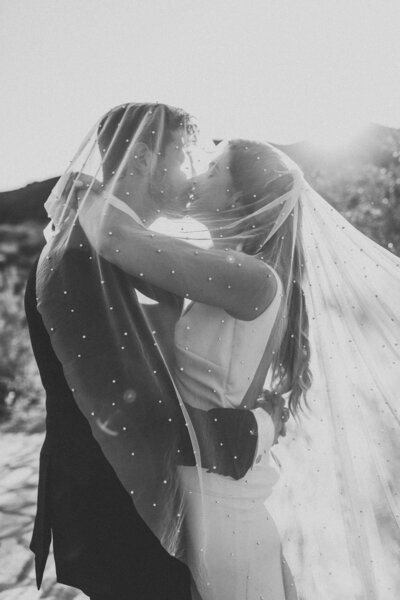 bride and groom kissing underneath pearl veil