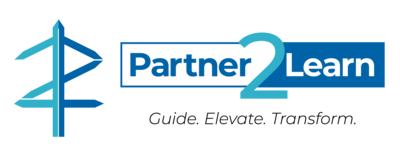 Text based logo with words "Partner 2 Learn, Guide, Elevate Transform"