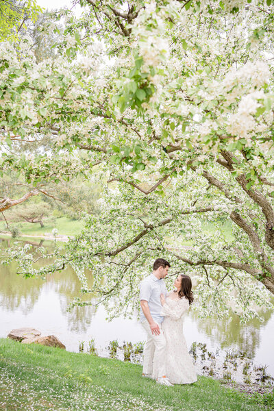 Bride and Groom under a tree at the Chicago Botanical Gardens  during their engagement portrait session