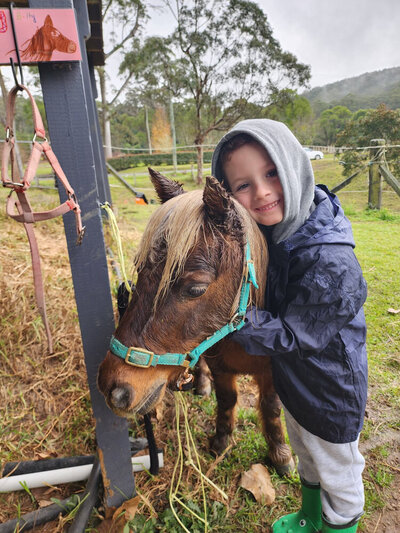 A young boy in a blue rain coat, green shoes, hugging a small brown horse with a green harness.