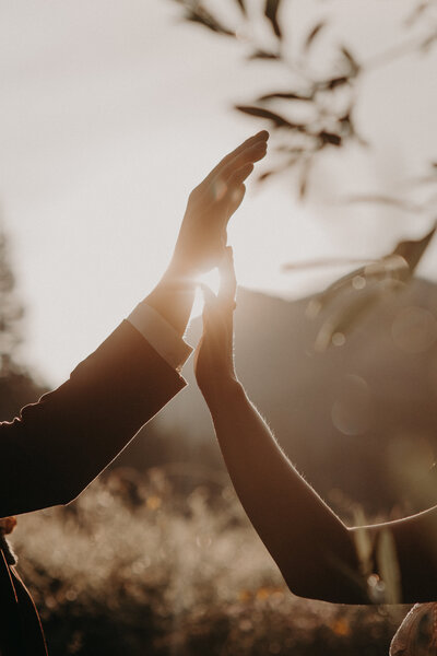The Bride and Groom are touching hands with a mountain in the background. The arms and hands are only in the shot