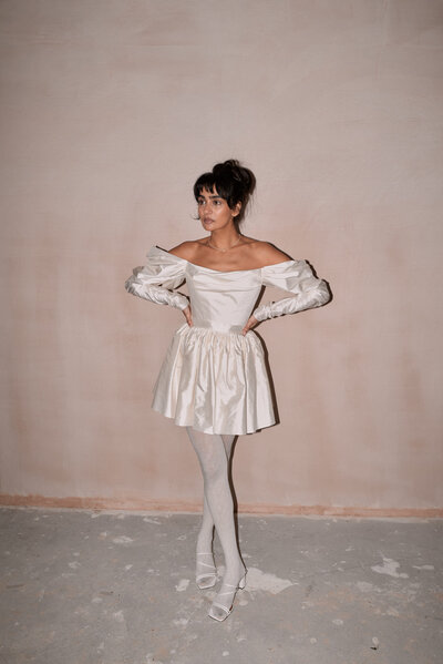 Benjamin Wheeler photography of bride wearing silk corset top and french lace pencil skirt