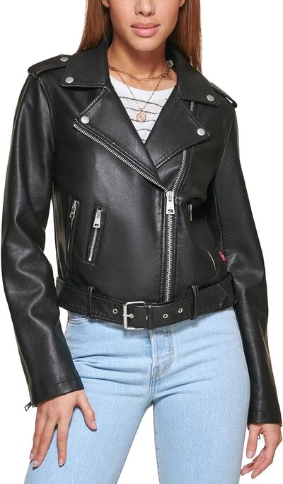 Woman wearing a Belted Faux Leather Moto Jacket