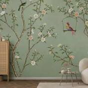 wallpaper green with birds and brunches
