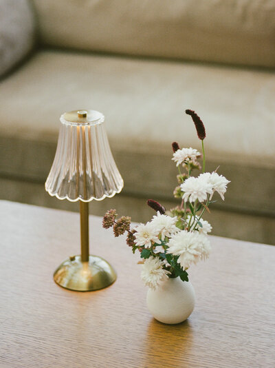 soft, timeless film photography of organic, whimsical flowers for a wedding at Shinola Hotel, Detroit