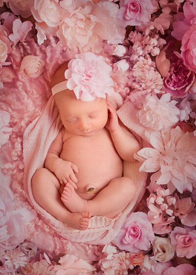 Sweet newborn wrapped in a pink floral setup, perfect for Overland Park families searching for Kansas City newborn photographers.