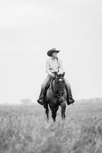 cowgirl in the mountain valley checking cows  on her horse