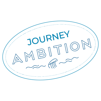 Branding graphic that looks like a passport stamp and says journey ambition