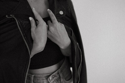 Black and white photo of Grace - Founder - in Leather Jacket - Marrow Design