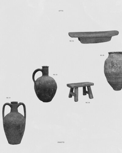 Black and white collection of ceramic objects, including two jugs and a stool, with labels 'No. 01', 'No. 02', 'No. 03', and 'Objects'.