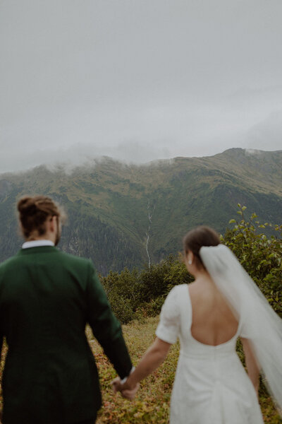 Bride and groom hold hands with Alaska waterfall in the distance behind them