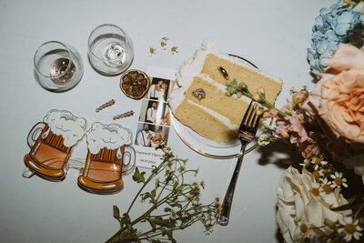Wedding ring detail photos in a slice of wedding cake
