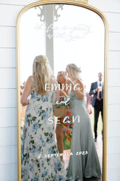 Gold mirror welcome sign for wedding at The Spring House Hotel on Block Island The Ocean House in Rhode Island