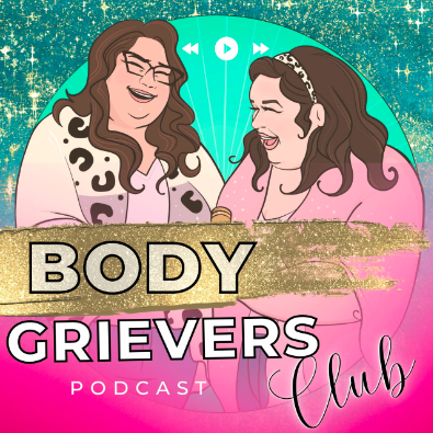 Pink and green podcast cover for the Body Grievers Podcast