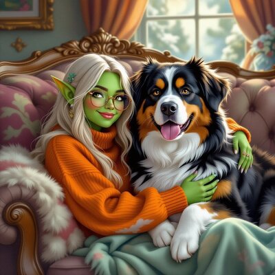 Blonde goblin girl hugging dog
