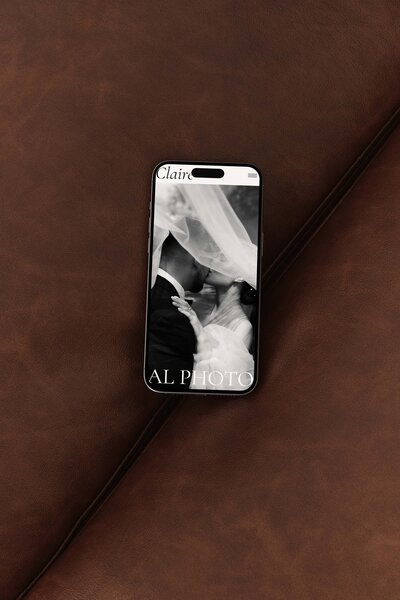 Modern mobile preview of the Claire Showit website template for wedding photographers. Designed by The Closers Society for photographers who want an editorial-style, luxury website to attract high-end wedding clients and showcase timeless, romantic portfolios online.