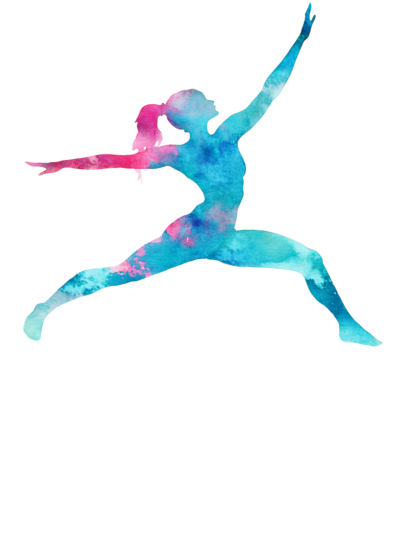 Watercolor silhouette of a woman in Warrior II yoga pose, with arms extended and one leg bent forward. The figure is painted in vibrant turquoise and purple hues.