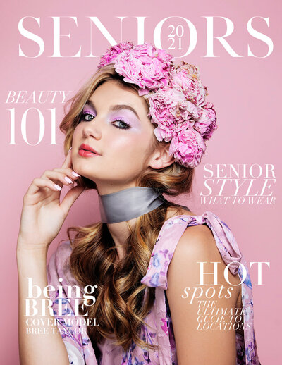 Magazine cover of teen girl with flower headpiece and pink background for unique senior pictures 