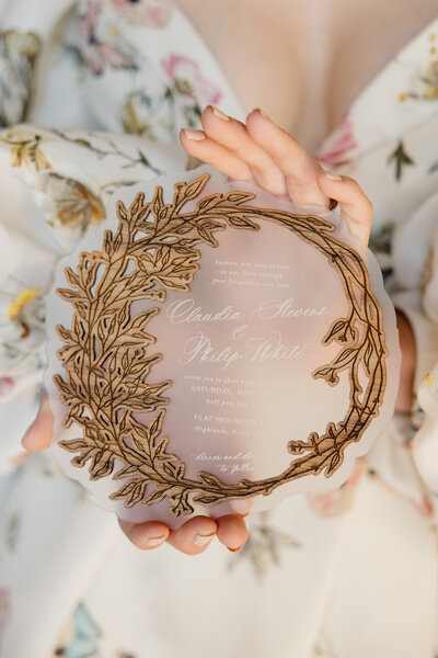 Frosted acrylic and wood laser cut wedding stationery