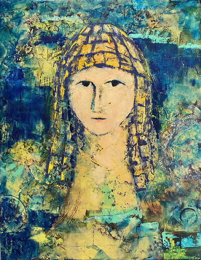 "Girl With Golden Hair" oil and cold wax painting  by Marilyn Wells in greens and golds based on Neolithic sculpture