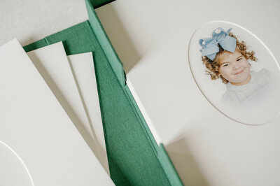 Matted heirloom print in green linen box