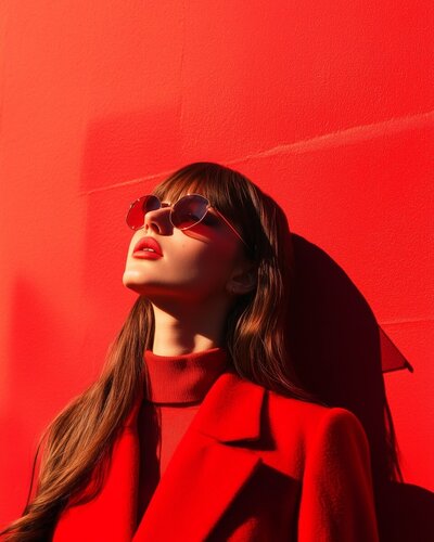 bright orangy red monochrome photo of a lady with red lipstick and red sunglasses in the sunlight