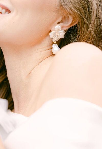A wedding day photo of the bride in her white wedding dress smiling in in the UK