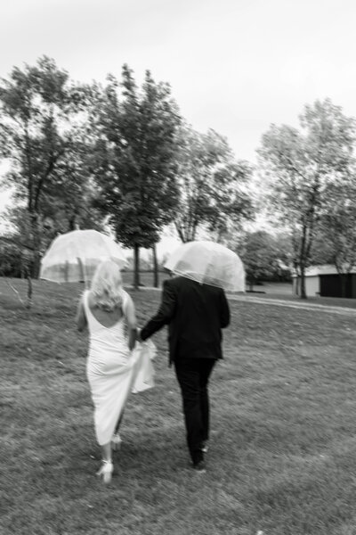 Wedding couple walking away from camera with umbrellas